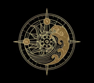 Golden compass on black background